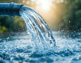 Clean water flows from a pipe into a lake, creating mesmerizing ripples.  Sunlight shines beautifully in the background