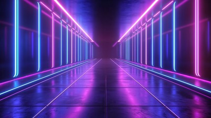 A vibrant, futuristic corridor illuminated with neon lights, reflecting colorful hues on a shiny floor, creating a dynamic and immersive atmosphere.