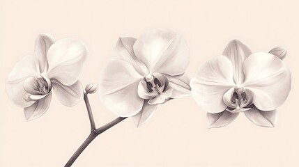Obraz premium Delicate orchid sketches arranged in a balanced trio, rendered in fine monochrome lines, accented by muted pink and ivory tones, smooth beige background, minimalist and refined, hd quality. --ar 16:9