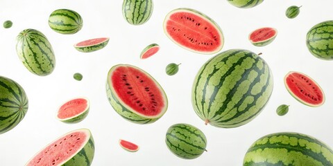 Halved Watermelons Floating on a White Background