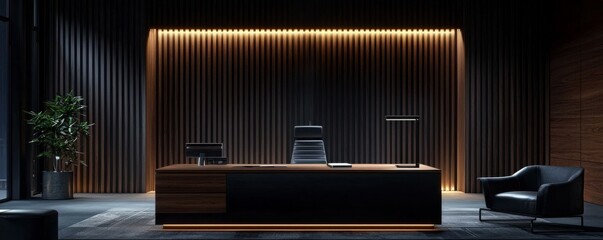 A modern office space featuring a sleek wooden reception desk, minimalist decor, and ambient lighting, evoking a professional atmosphere.