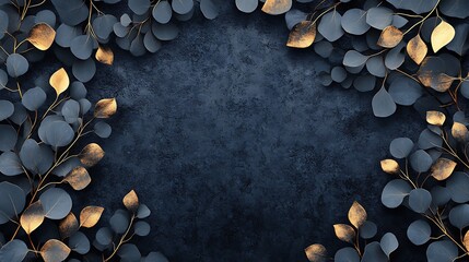 Eucalyptus leaves illustrated with fine black outlines and radiant metallic gold highlights, set on a textured charcoal backdrop with soft lighting, minimalist and luxurious aesthetic, hd quality.