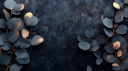 Eucalyptus leaves illustrated with fine black outlines and radiant metallic gold highlights, set on a textured charcoal backdrop with soft lighting, minimalist and luxurious aesthetic, hd quality.