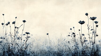 Obraz premium Minimalist depiction of wildflower silhouettes, black line art paired with ethereal shadow effects in muted blue and gray tones, set against a textured neutral background, hd quality,