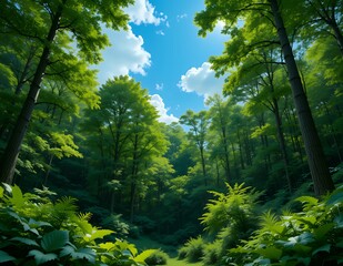 Fototapeta premium A vibrant summer forest scene, bathed in sunlight. Lush green trees create a tranquil atmosphere. A perfect escape into nature.