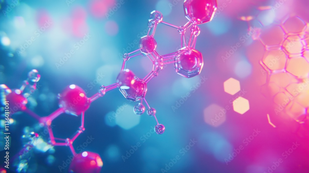 Poster glowing molecular structure with hexagonal shapes.