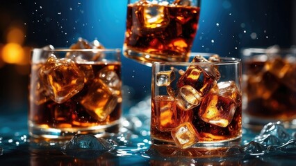 Ice cubes in cola water, up close. The feel of a fizzy beverage with bubbles in the glass. Ice with cola soda may float, bubble, or splash to the top. Background of a cold drink 