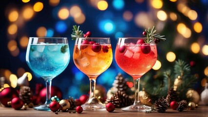 Glasses of cocktails with Christmas decoration on bokeh lights background