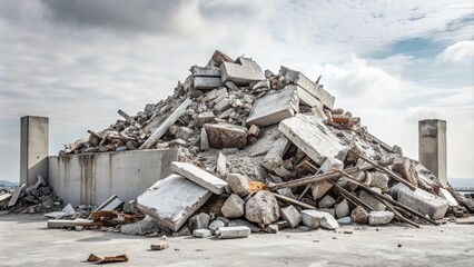 A Pile of Concrete Debris Against a Clean White Background for Conceptual Photography Exploration of Urban Decay and Construction Waste in Minimalist Aesthetics