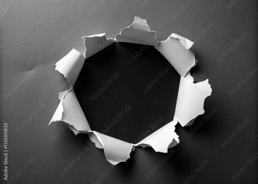 Poster a round hole in white paper with torn edges isolated against a black background, capturing the subtl
