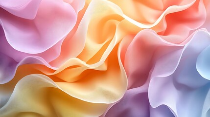 Obraz premium Overlapping petal shapes forming a dynamic abstract pattern, soft muted tones of pale yellow, lavender, and coral blending naturally, set against a clean white canvas, hd quality. --ar 16:9