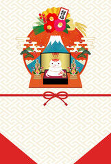 2025年　巳年　白へびの正月飾りの和風年賀状【紅白】　文字なし