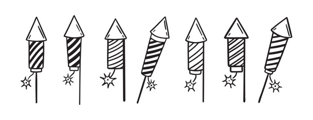 fireworks rocket doodle hand drawn icon set. Outline drawing fireworks rocket line clipart symbol collection