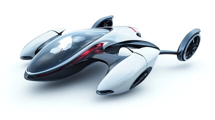 A futuristic flying car with a sleek design and glowing orange lights.