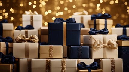 A large number of gift boxes with brown and blue wrapping paper, tied in bows, are arranged neatly on the table.