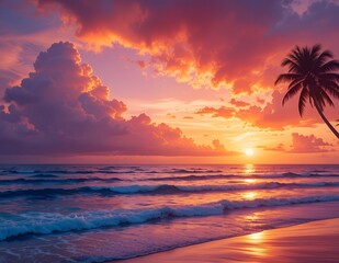 A breathtaking sunset paints the sky with vibrant hues over a tranquil tropical beach. Palm trees silhouette against the fiery sky, reflecting the beauty of nature.