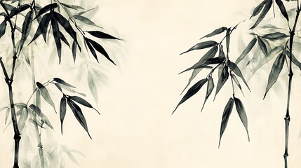 Obraz premium Simplified bamboo shoots in black ink wash, paired with faint green watercolor highlights, set on a neutral cream background, minimalist Japanese aesthetic, hd quality. --ar 16:9