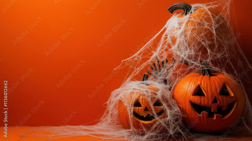 Wall mural A festive and bright Halloween scene with carved pumpkins and spooky cobwebs against a deep orange background, side view, Minimalist style