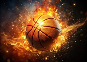 A Stunning Night Photography Capture of a Basketball on Fire, Exploding with Particles, Creating a Dynamic and Eye-Catching Visual for Sports Enthusiasts and Art Lovers Alike