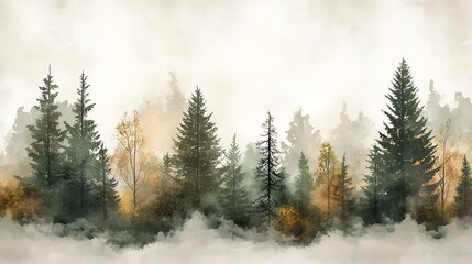 Naklejka premium Simplified line art of pine, oak, and birch trees, paired with delicate watercolor splashes in muted greens and taupe, on a textured off-white background, serene and elegant, hd quality. --ar 16:9