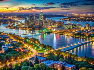 Obraz premium A Stunning Night Photography of Montreal's Island: Captivating Aerial View of Illuminated Cityscape, Bridges, and Urban Landscape at Nightfall, Perfect for Travel and Cityscape Enthusiasts
