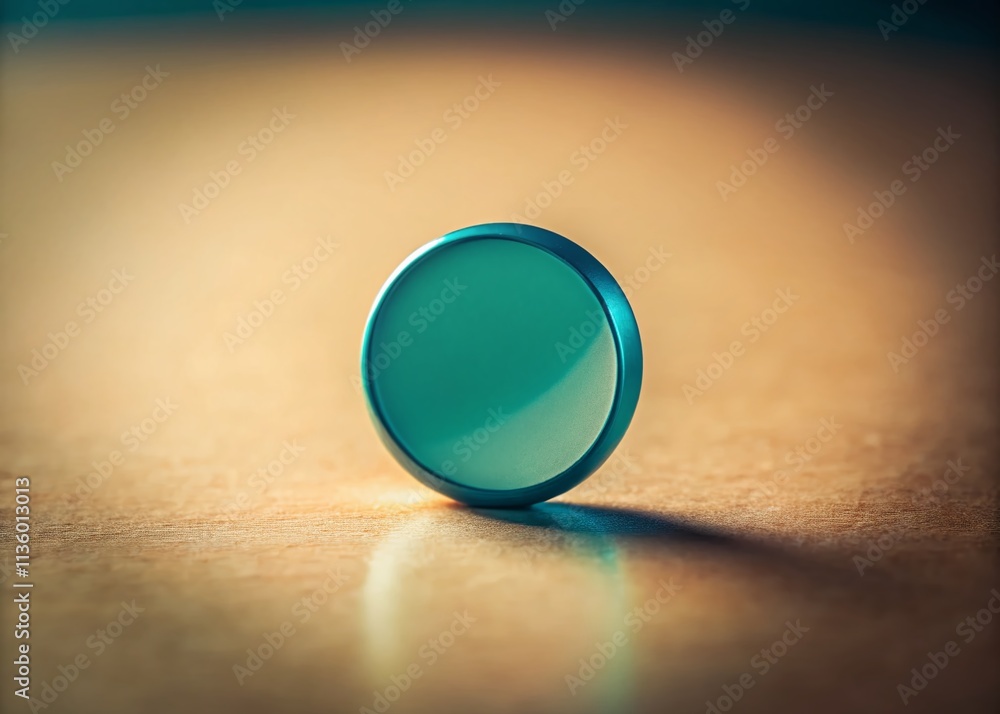 Poster a unique tilt-shift photography perspective of a teal circle casting a soft shadow on a light beige 