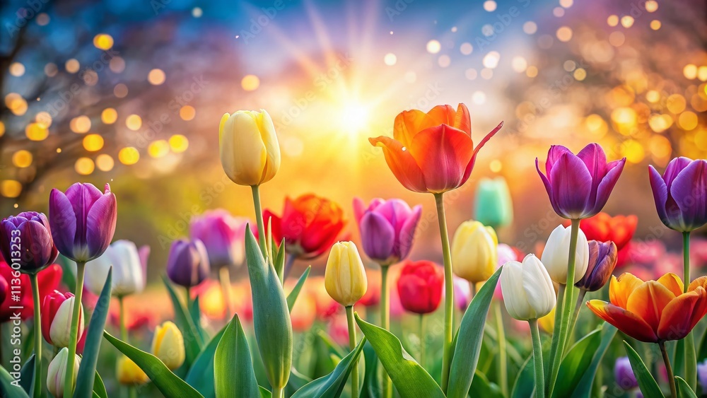 Poster a vibrant field of blooming tulips with bokeh effect, capturing the essence of spring and symbolizin