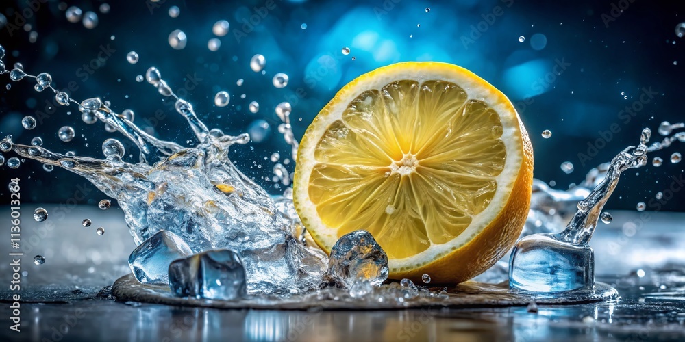 Aufkleber a vibrant lemon slice splashes into ice, creating a refreshing burst of color and texture for dynami