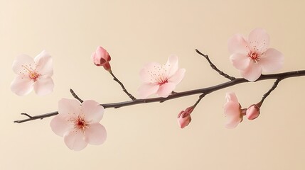 Spring cherry blossoms on thin black branches, pastel pink petals glowing softly, placed on a muted cream background, minimalist and serene design, hd quality. --ar 16:9