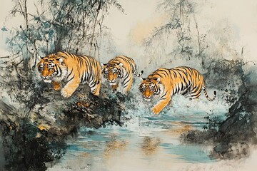 Three Tigers Crossing a Stream in a Bamboo Forest