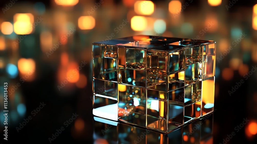Poster a clear glass cube on a reflective surface with colorful bokeh lights in the background.