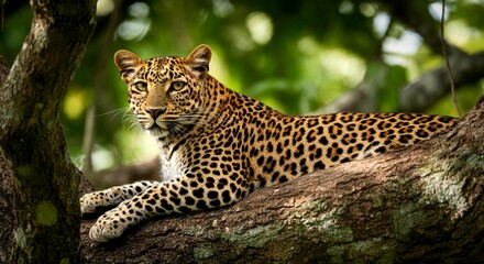 Obraz premium Leopard lying on a tree in the rainforest of Belize