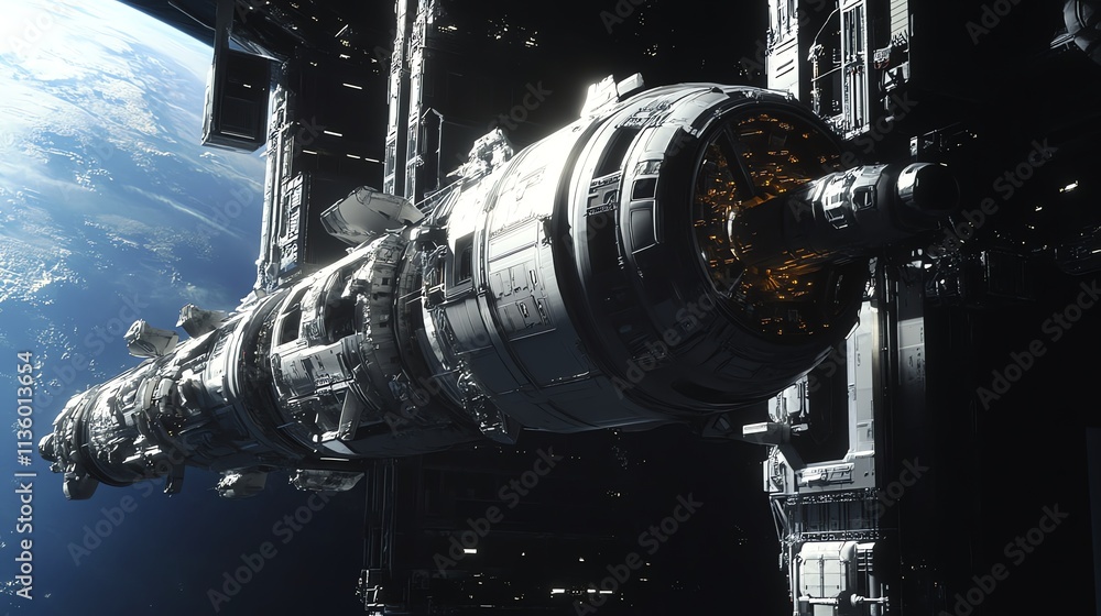 Aufkleber a futuristic spaceship docked to a space station with a planet in the background.