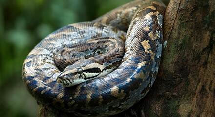Fototapeta premium Python Resting on Tree in Lush Forest Setting