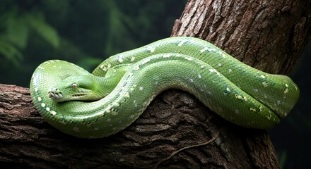 Obraz premium Green Python Against Dark Tree Bark in Jungle Setting