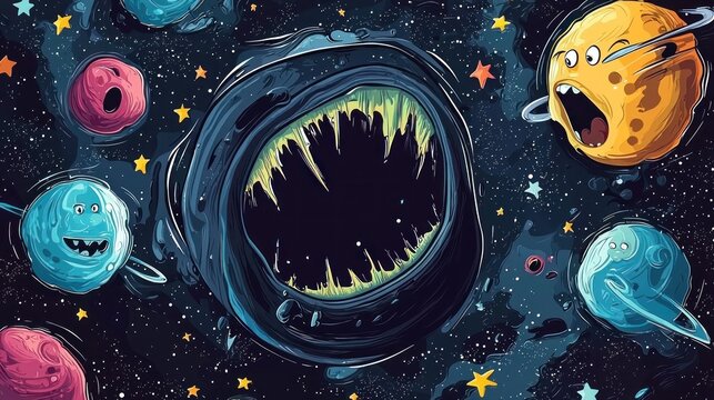 A humorous cartoon of a black hole eating planets, with lighthearted elements like stars with funny expressions