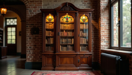 Elegant Wooden Library Cabinet in a Cozy Environment