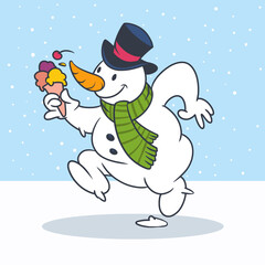 Happy Snowman Eating Ice Cream Vector Illustration