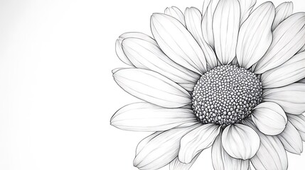 A close-up of a daisy sketched in fine black line art, its petals radiating outward on a blank white background, clean and modern, hd quality. --ar 16:9