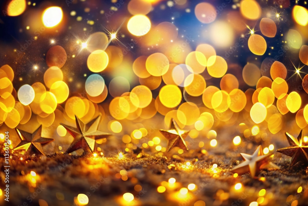 Poster abstract background of bright yellow glowing shiny dots creating bokeh stars and circles for a beaut