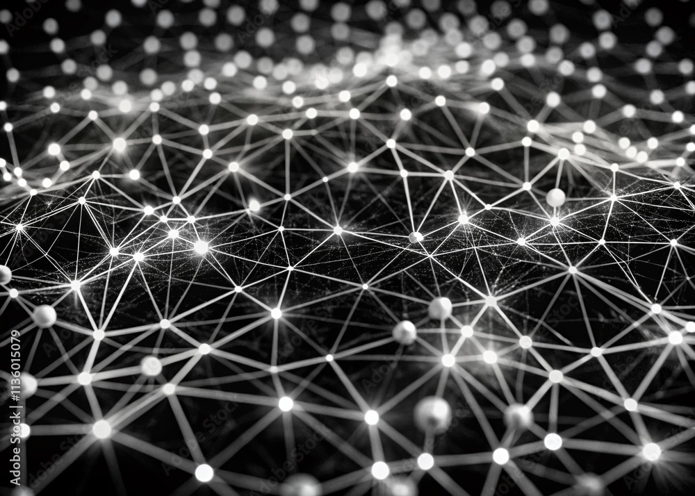 Poster abstract black and white mesh texture with selective focus light lines on dark background creating a