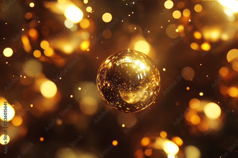 Poster glossy golden orbs reflect light, creating a mesmerizing texture in a vibrant background