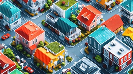 Fototapeta premium Aerial view of a colorful neighborhood with diverse houses, green roofs, and cars.