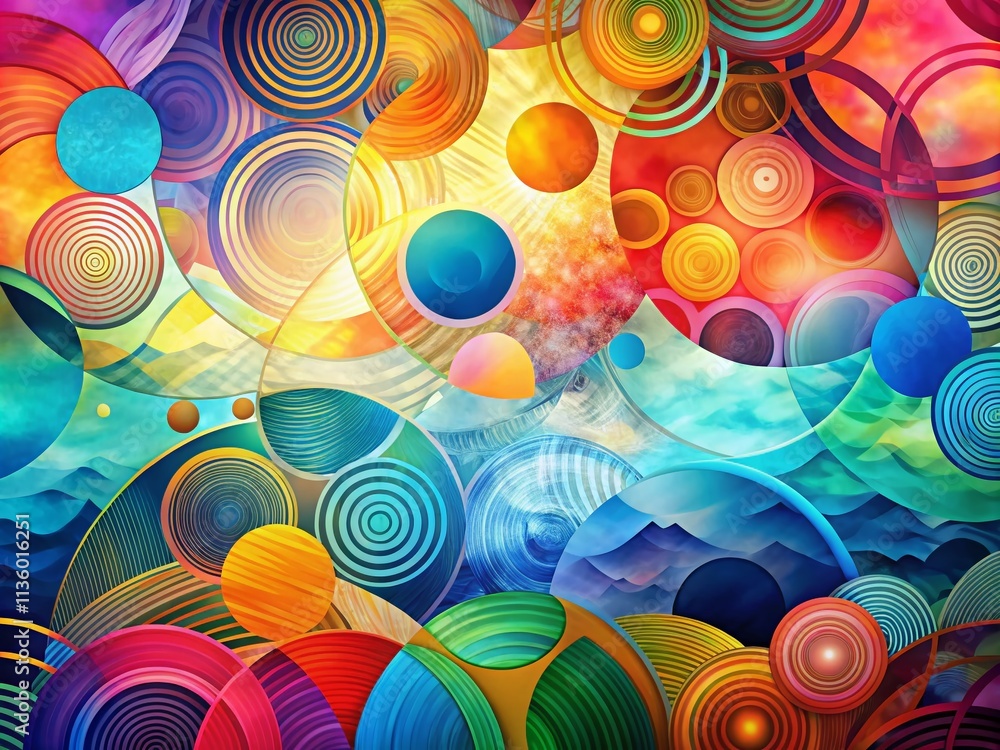 Poster abstract colorful overlapping circles pattern in a landscape format, showcasing vibrant hues and flu