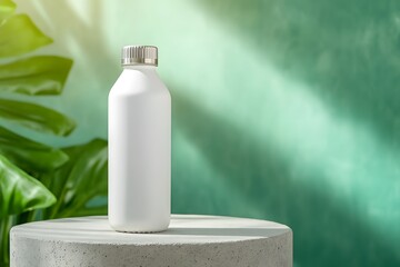 A white matte metal water bottle with a cap, sitting on top of an empty concrete pedestal for product photography, against a blur background