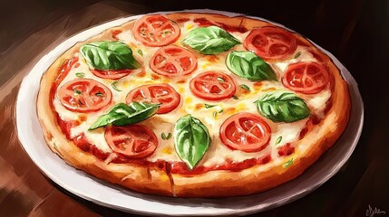 Delicious Tomato Basil Pizza on a White Plate