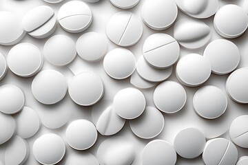 Pharmacy theme, Heap of white round medicine tablet antibiotic pills. Very Shallow DOF