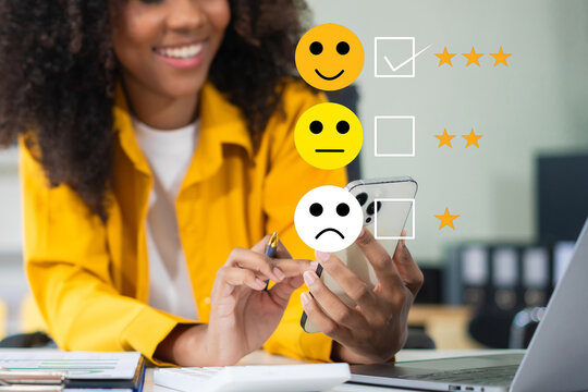 Happy Client customer experience concept. Woman recording phone inquiry with checkboxes, smiling face rating excellent for satisfaction survey. - Powered by Adobe