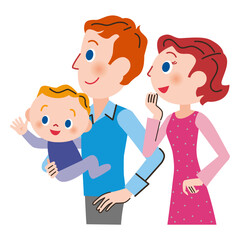 横向きで前を向いてる若夫婦と抱っこしてる赤ちゃん