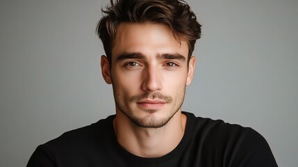 Fototapeta premium Handsome European Man Posing Indoors Against a Neutral Background